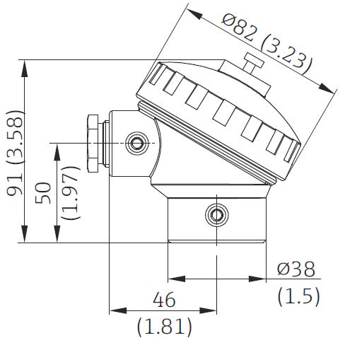 Dimensioned drawing of a KH PVC thermocouple and RTD connection head